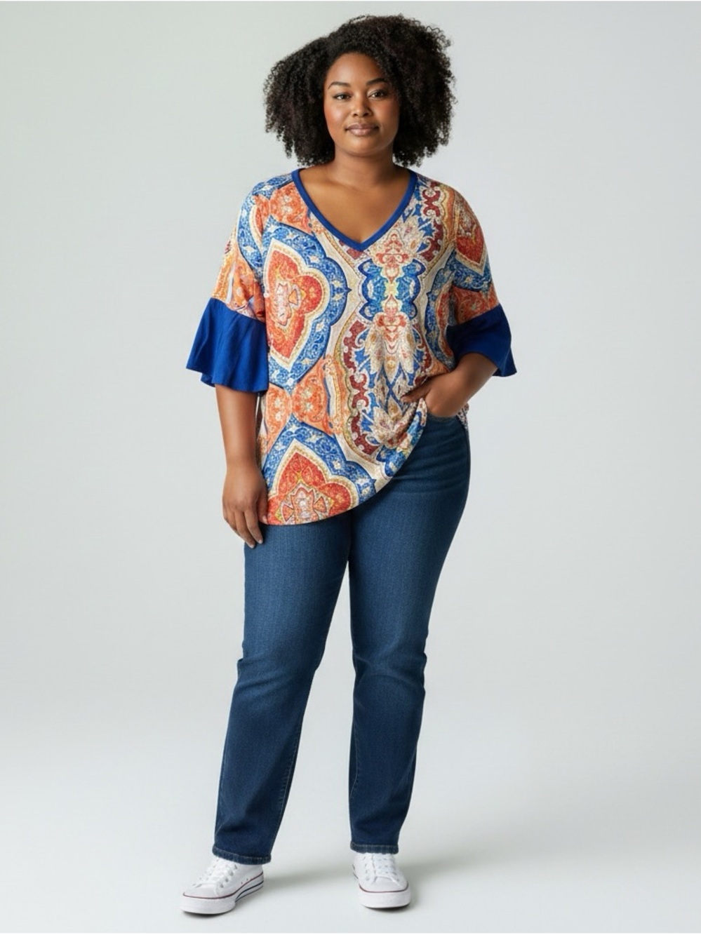 R. Rouge 3X Paisley Tunic Top Blue Orange Bell Sleeve V Neck Boho - Picture 2 of 11